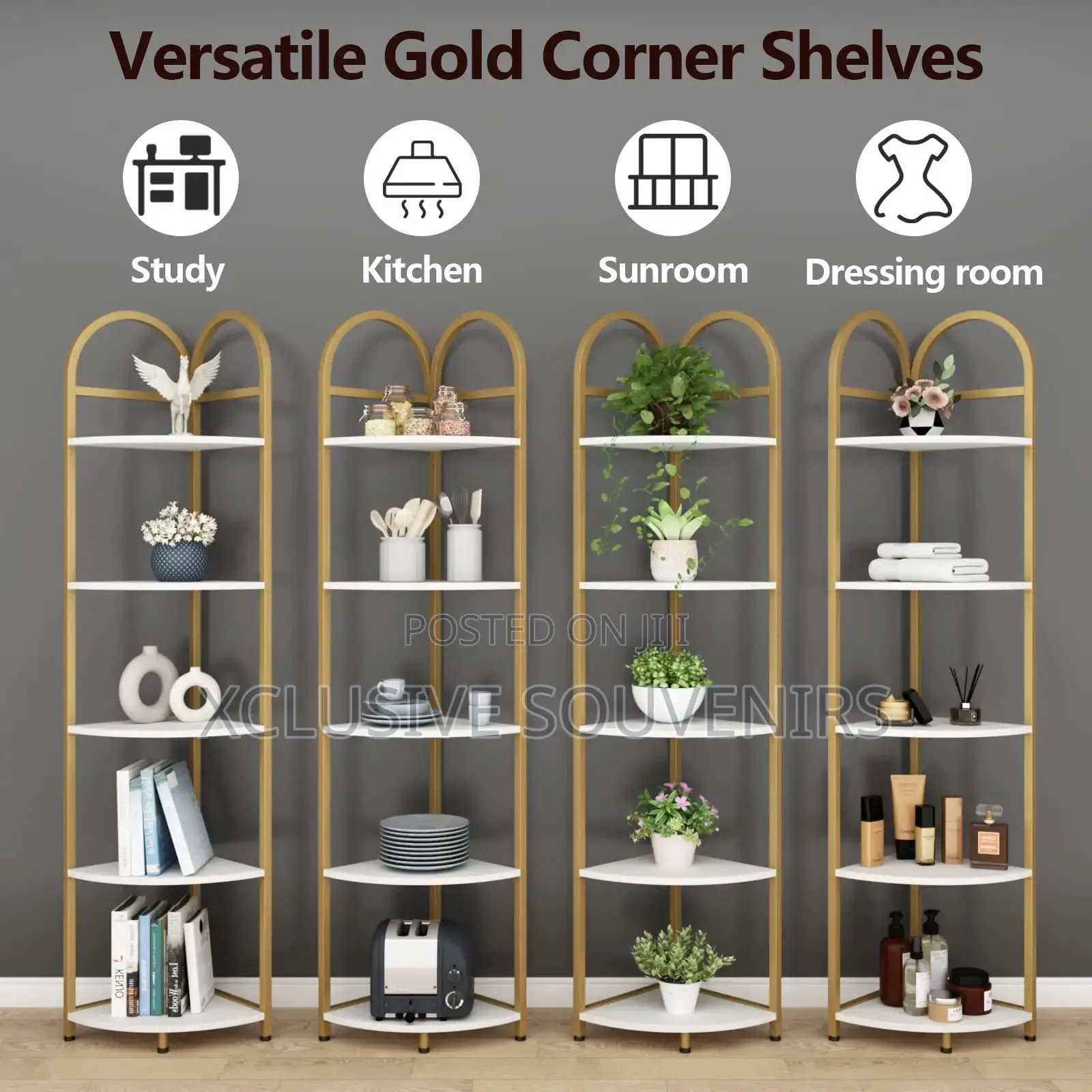 5 Tier Stainless Steel Gold Coner Rack for Home and Offices