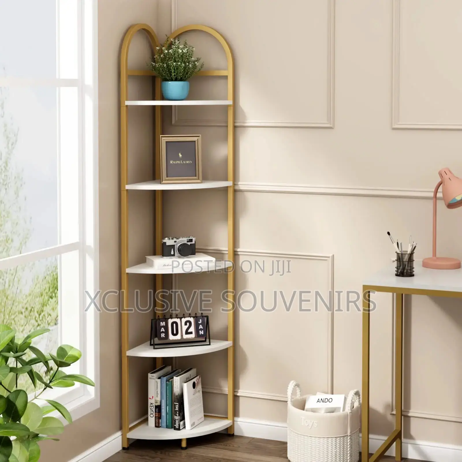 5 Tier Stainless Steel Gold Coner Rack for Home and Offices