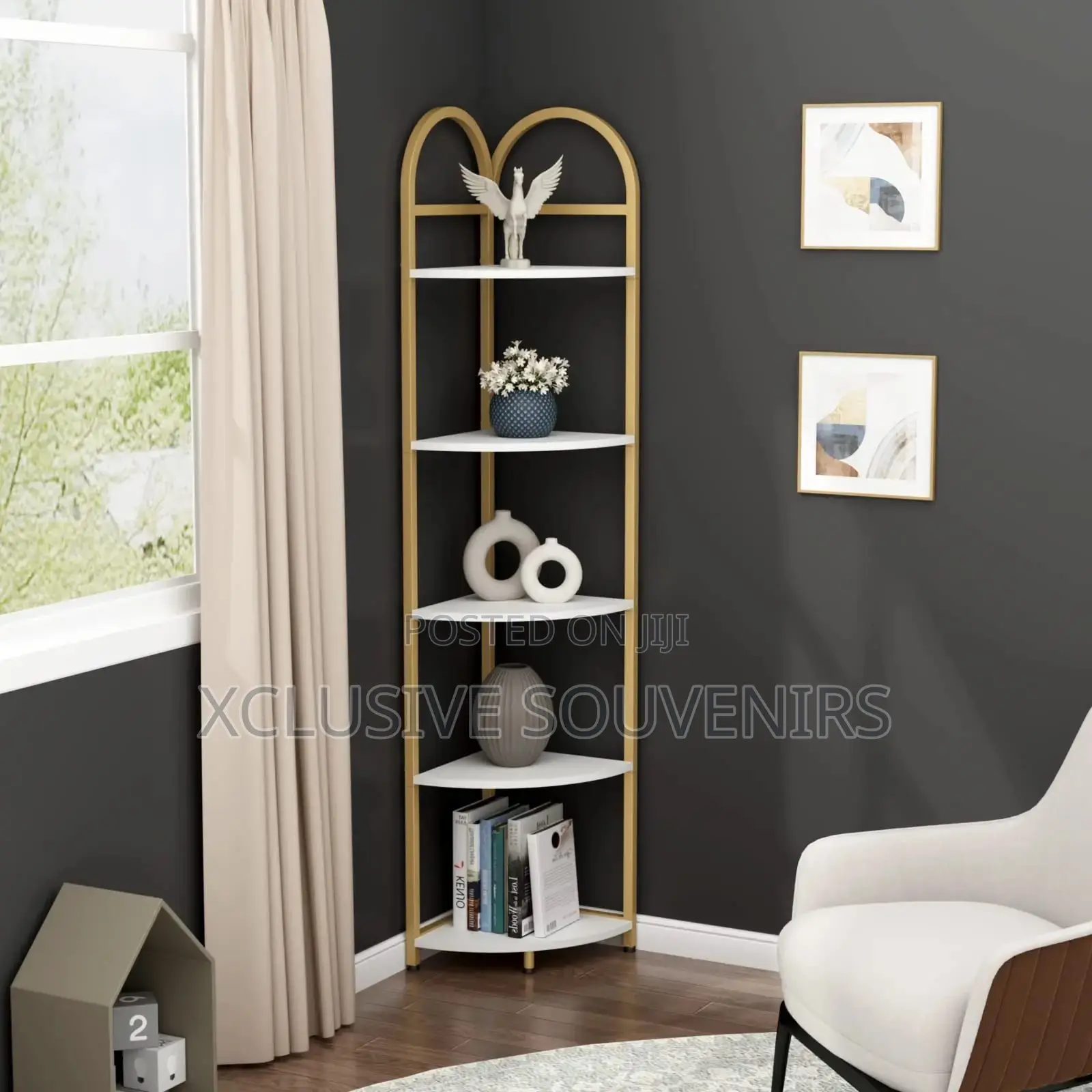 5 Tier Stainless Steel Gold Coner Rack for Home and Offices