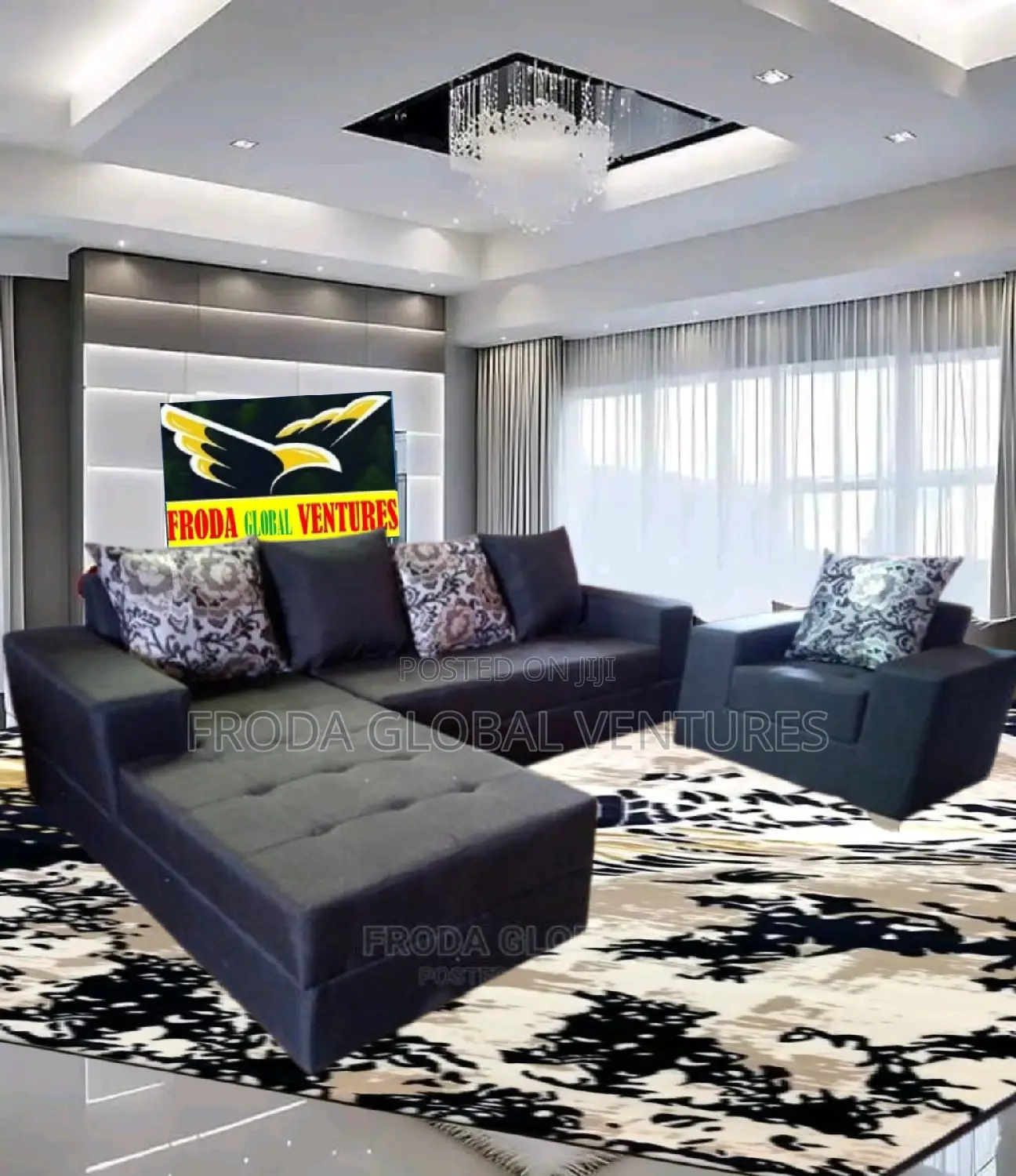 Set of L-Shape Sofa and a Single Chair. Black Fabric. Apo07