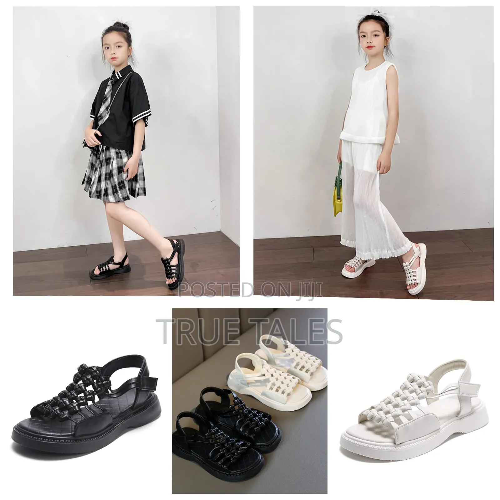 Girl's Basket Weave Sandals Black and White Sizes 24 to 37