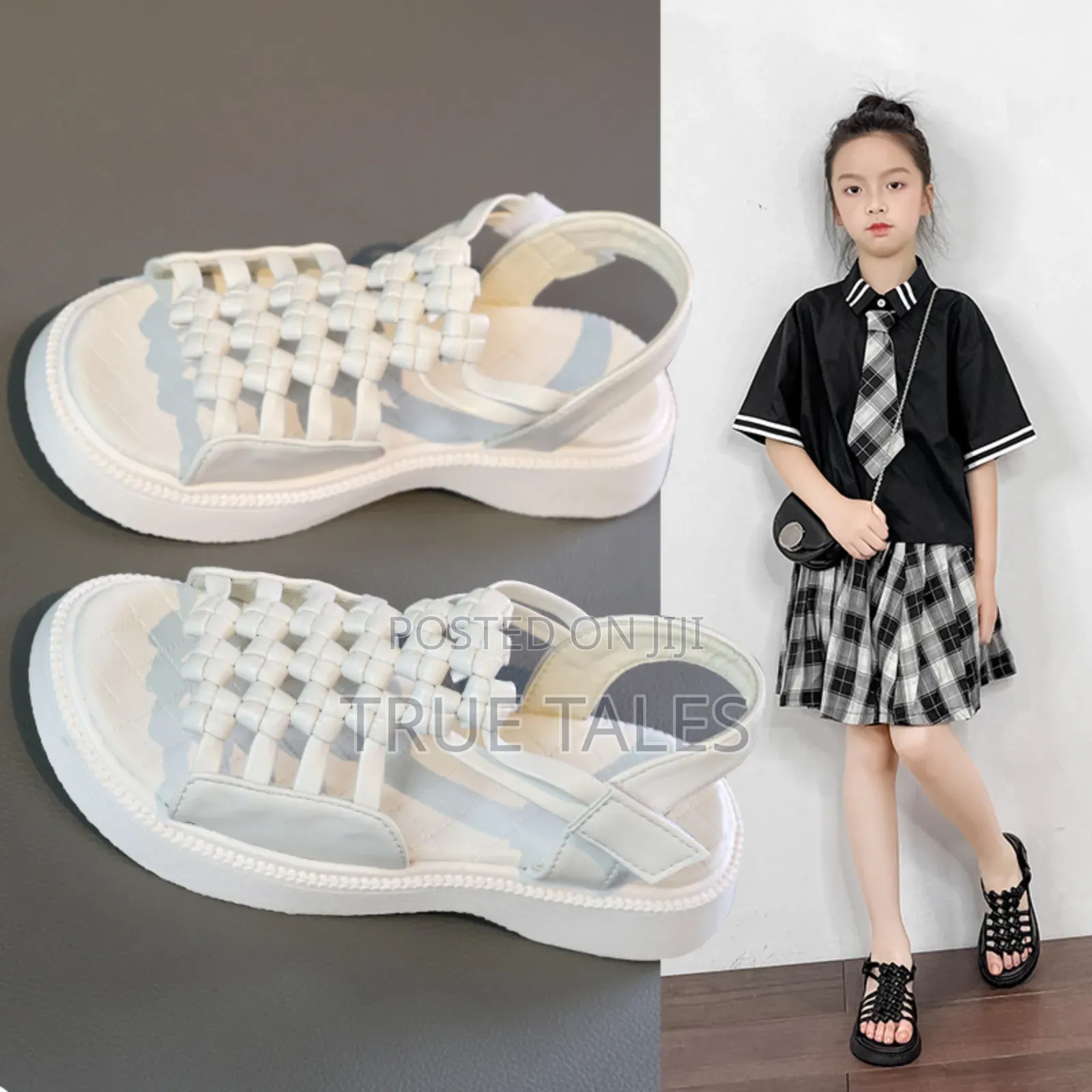Girl's Basket Weave Sandals Black and White Sizes 24 to 37