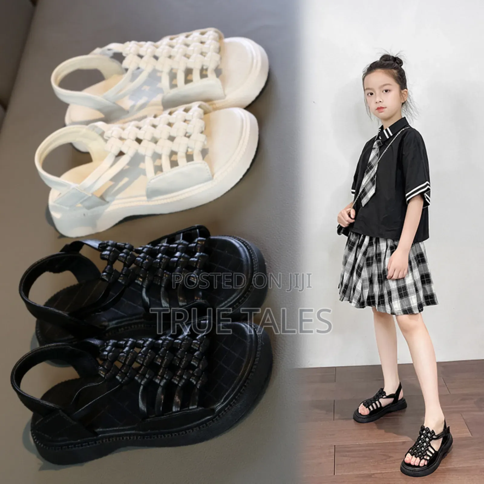 Girl's Basket Weave Sandals Black and White Sizes 24 to 37