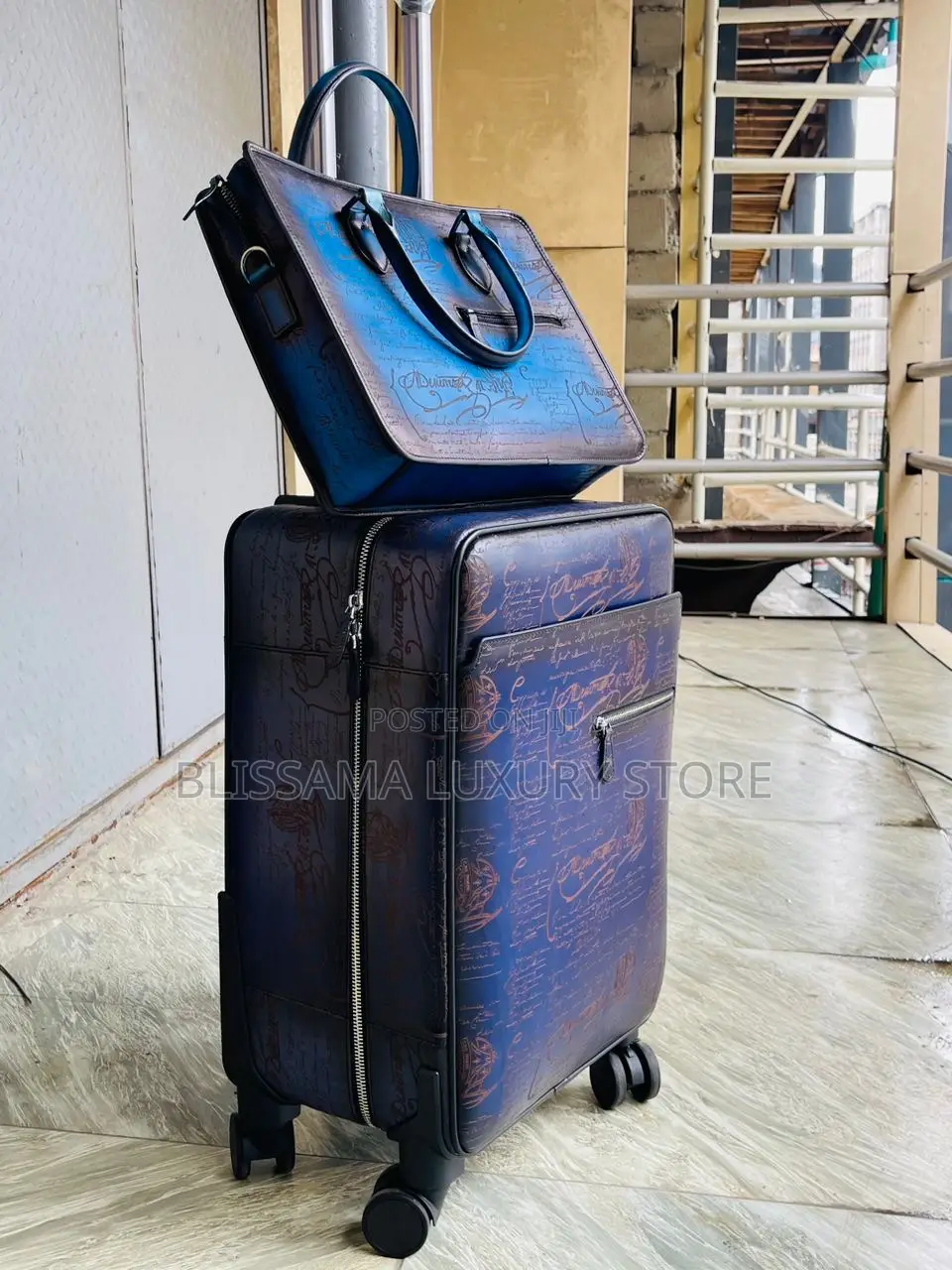 Genuine Leather Luxury Berluti Travel Trolley/Laptop Bag Set