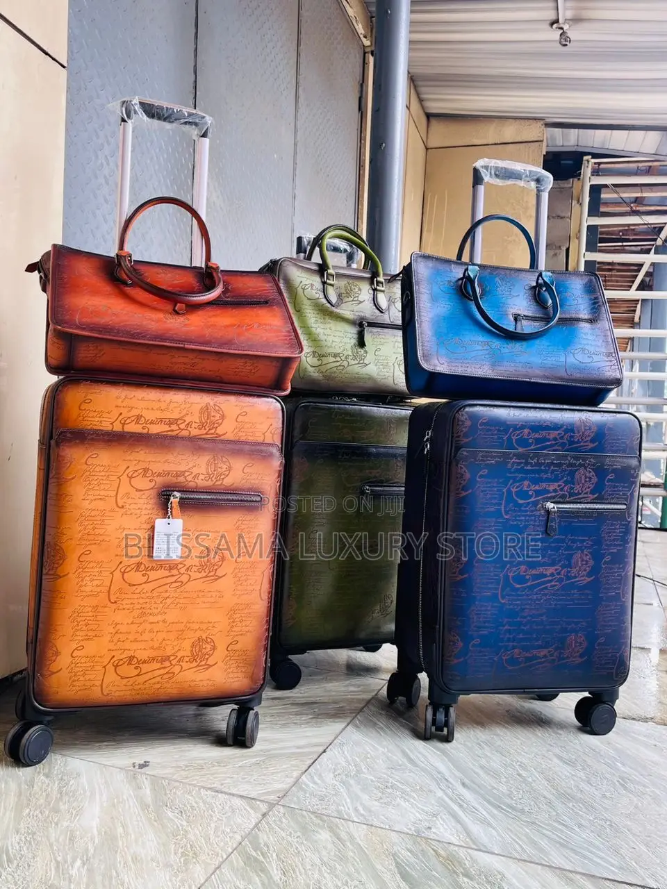 Genuine Leather Luxury Berluti Travel Trolley/Laptop Bag Set