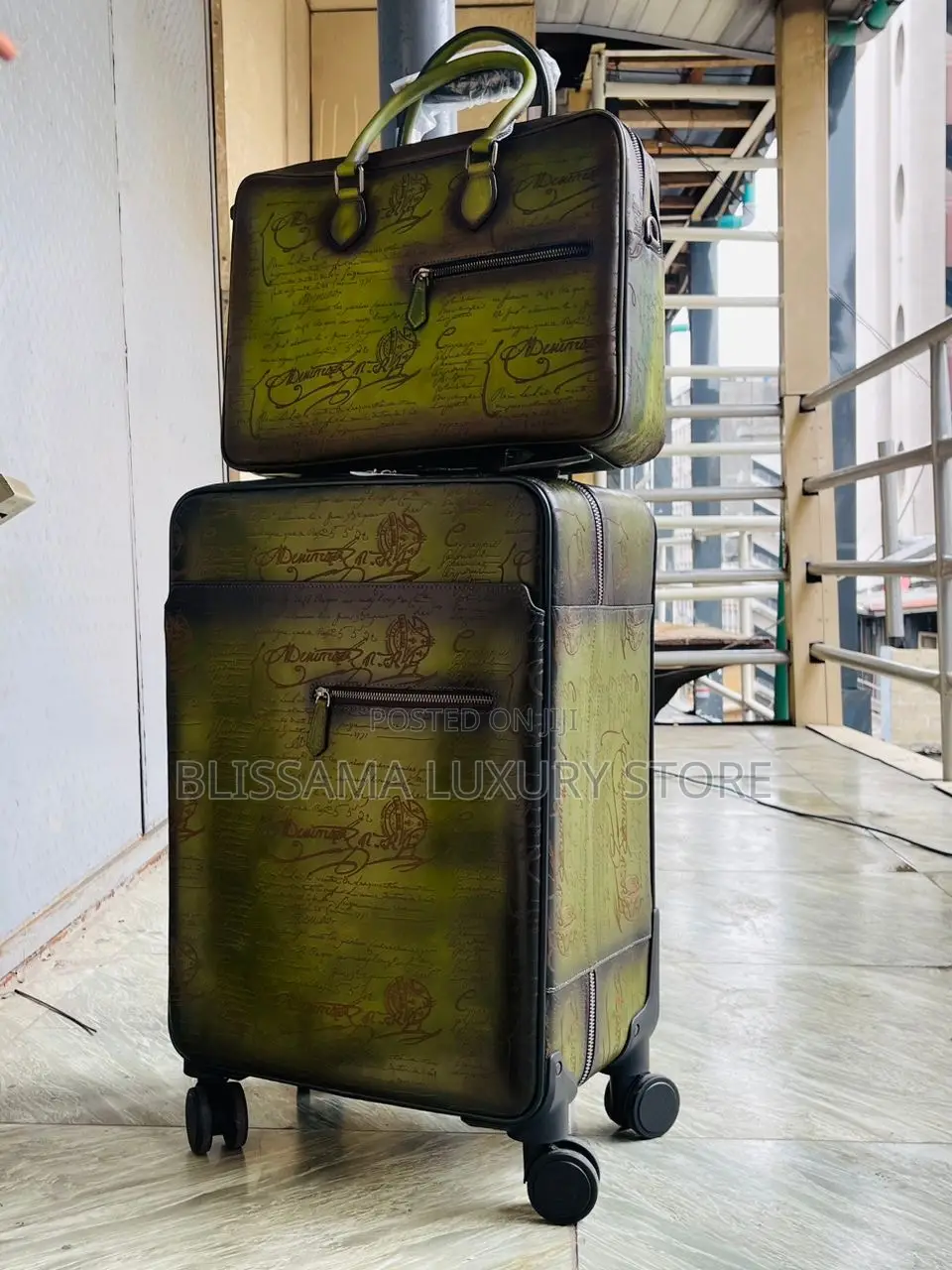 Genuine Leather Luxury Berluti Travel Trolley/Laptop Bag Set