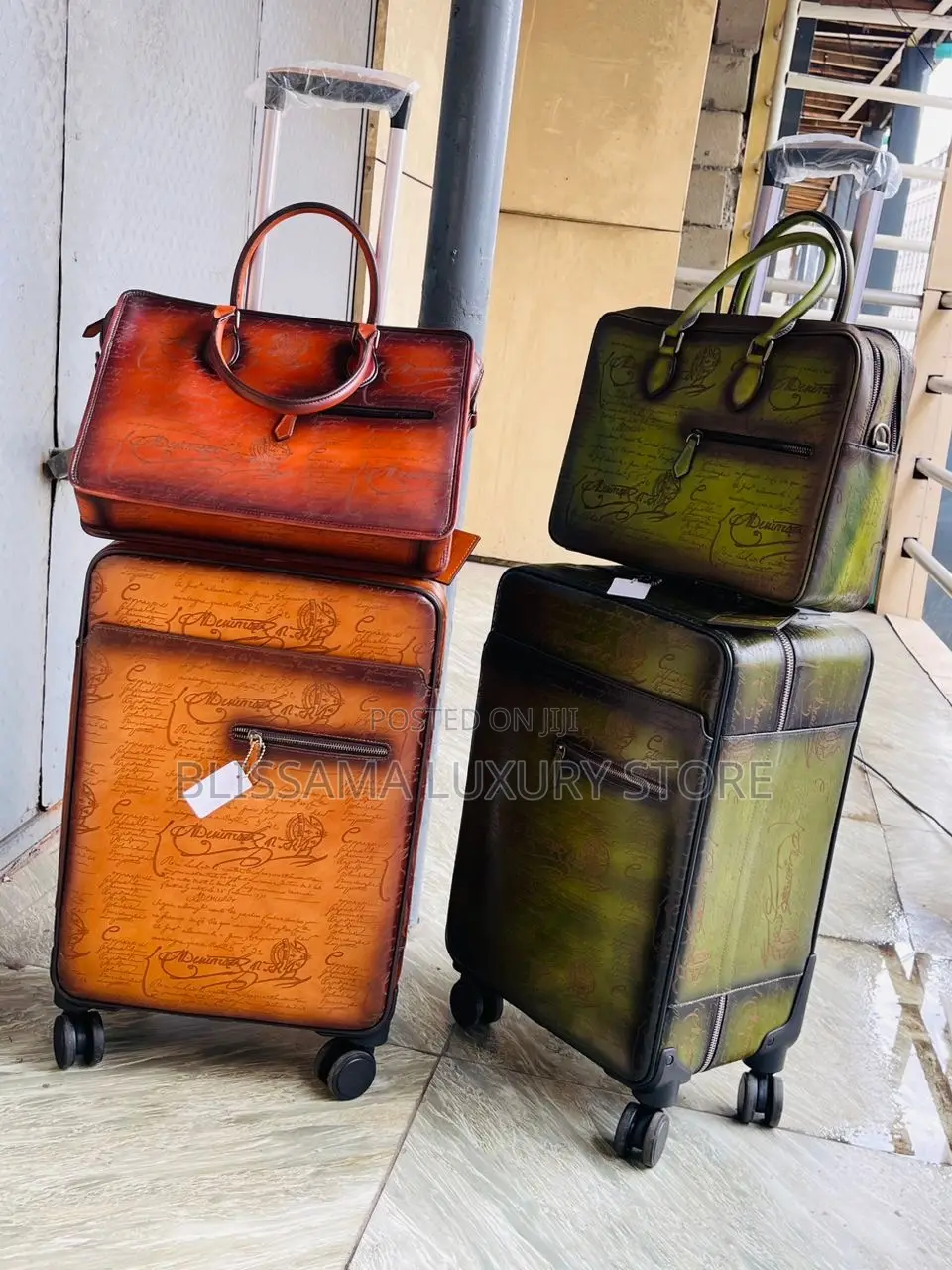 Genuine Leather Luxury Berluti Travel Trolley/Laptop Bag Set