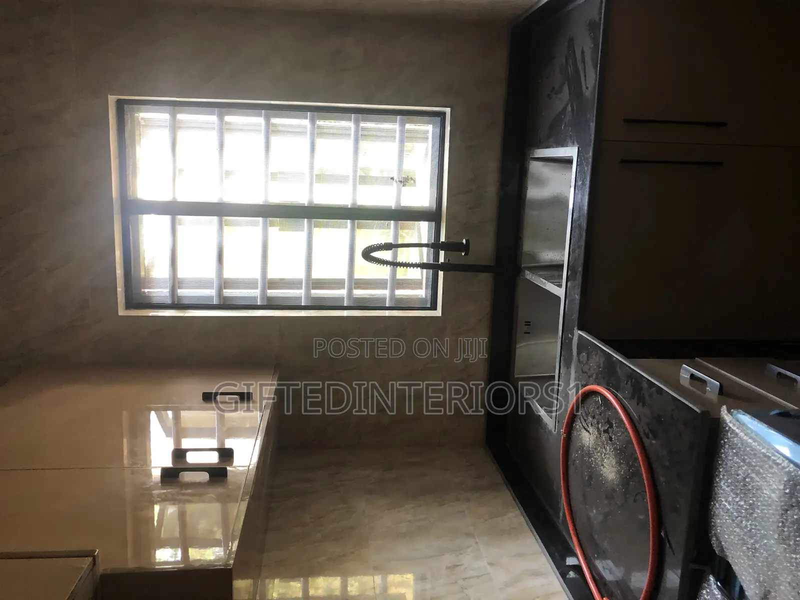 High Glossy Kitchen Cabinets, Island With Marble Top