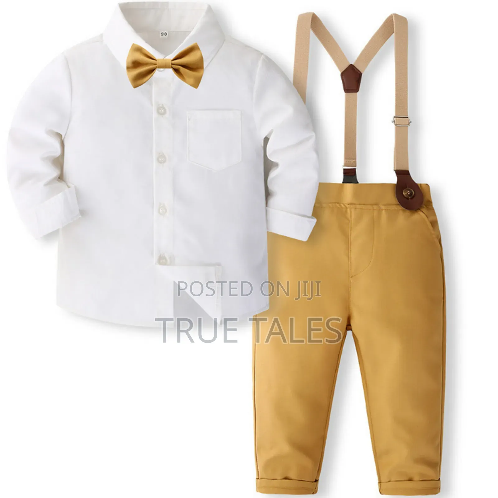 Toddler Boys Shirt Gold Trousers With Suspenders 3pcs Set