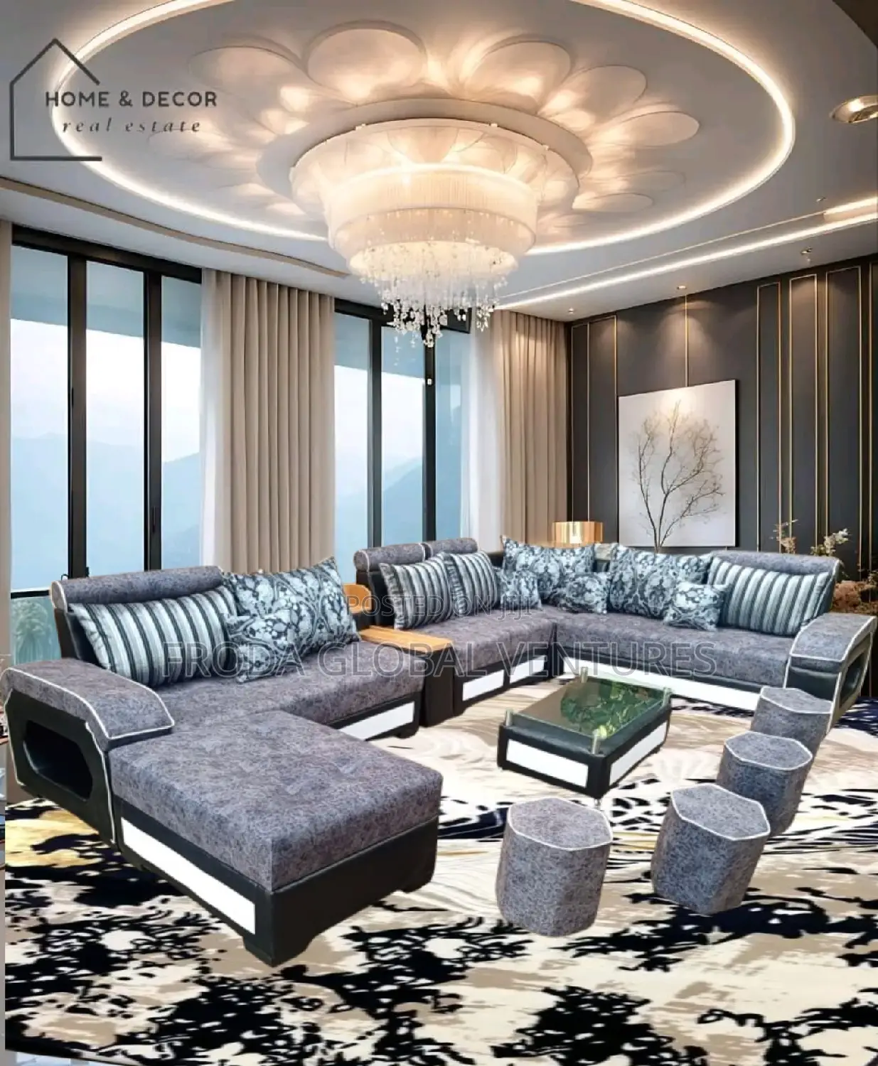 Set of 9 Seaters U-Shaped Sofa With Table and Side Stools