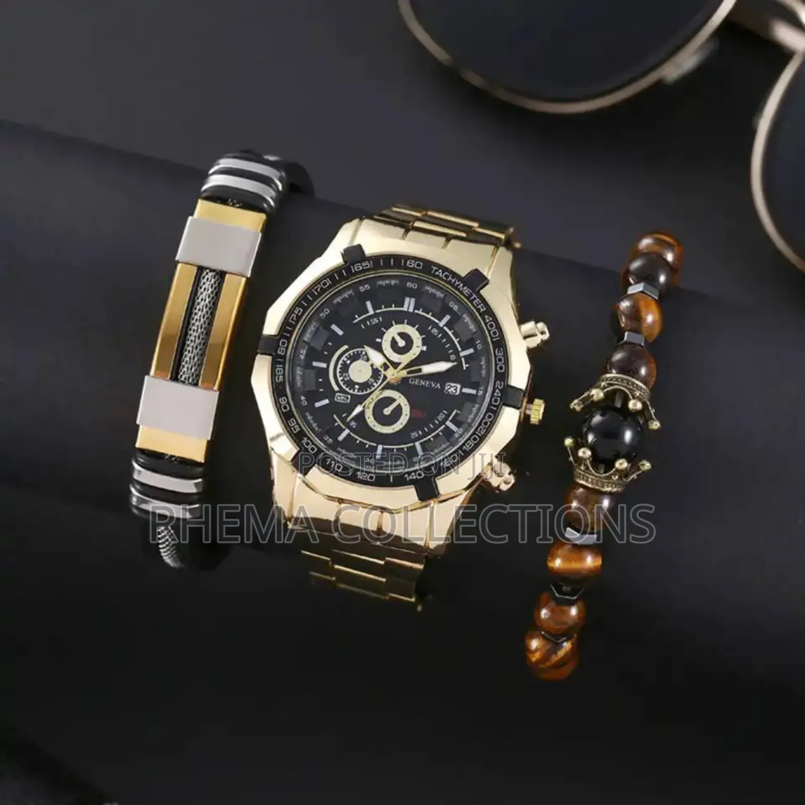 Geneva Luxury Quartz Fadeless Steel 3pcs Wrist Watch Set