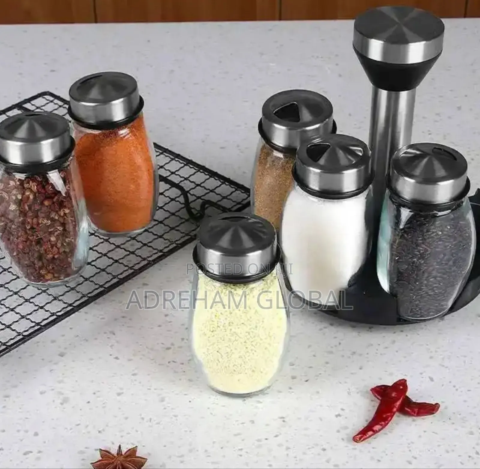 7pcs Spice Jar Set Rack Glass Organizer Rotating Glass