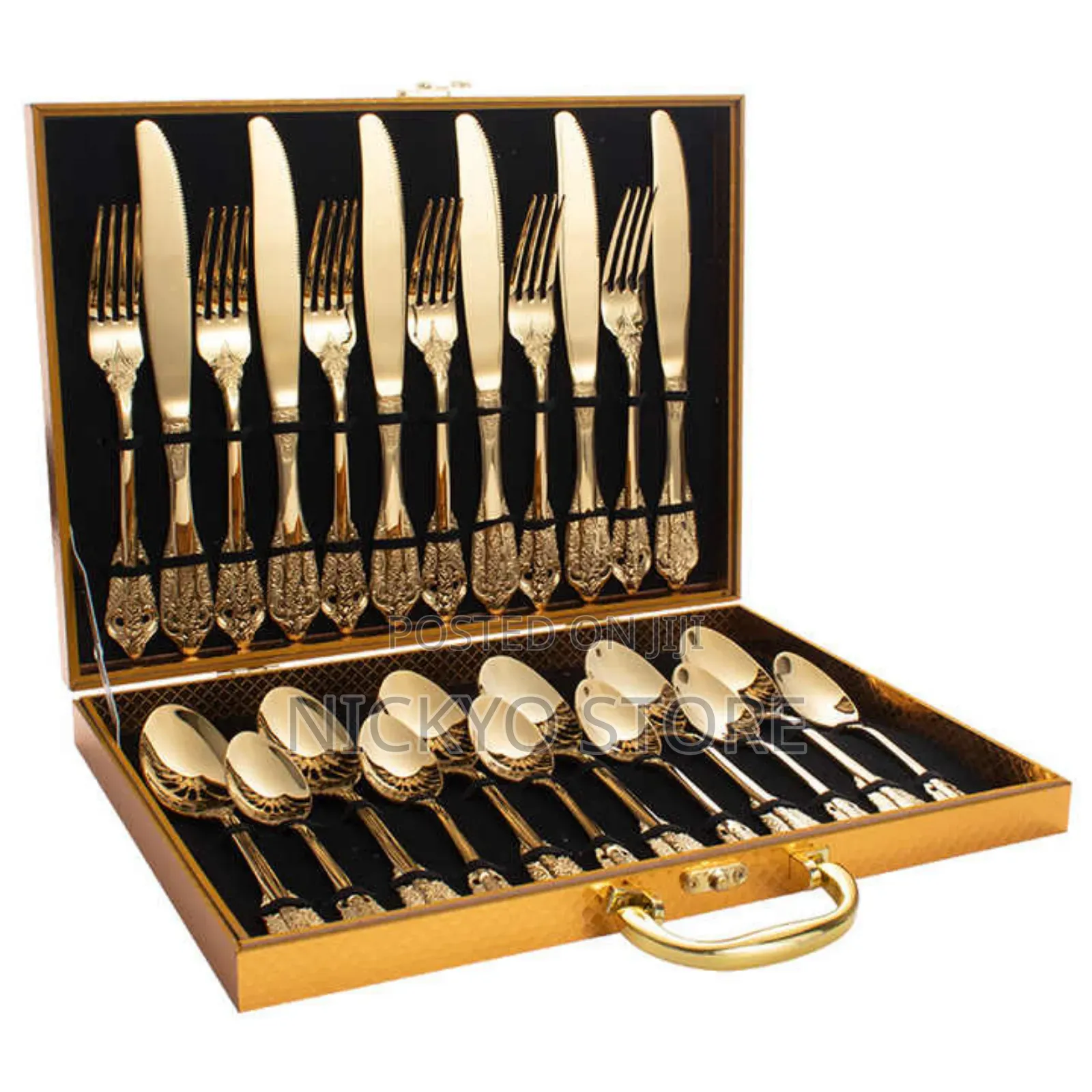 Generic Golden Wooden Box Flatware 24pcs Cutlery Dinner Set