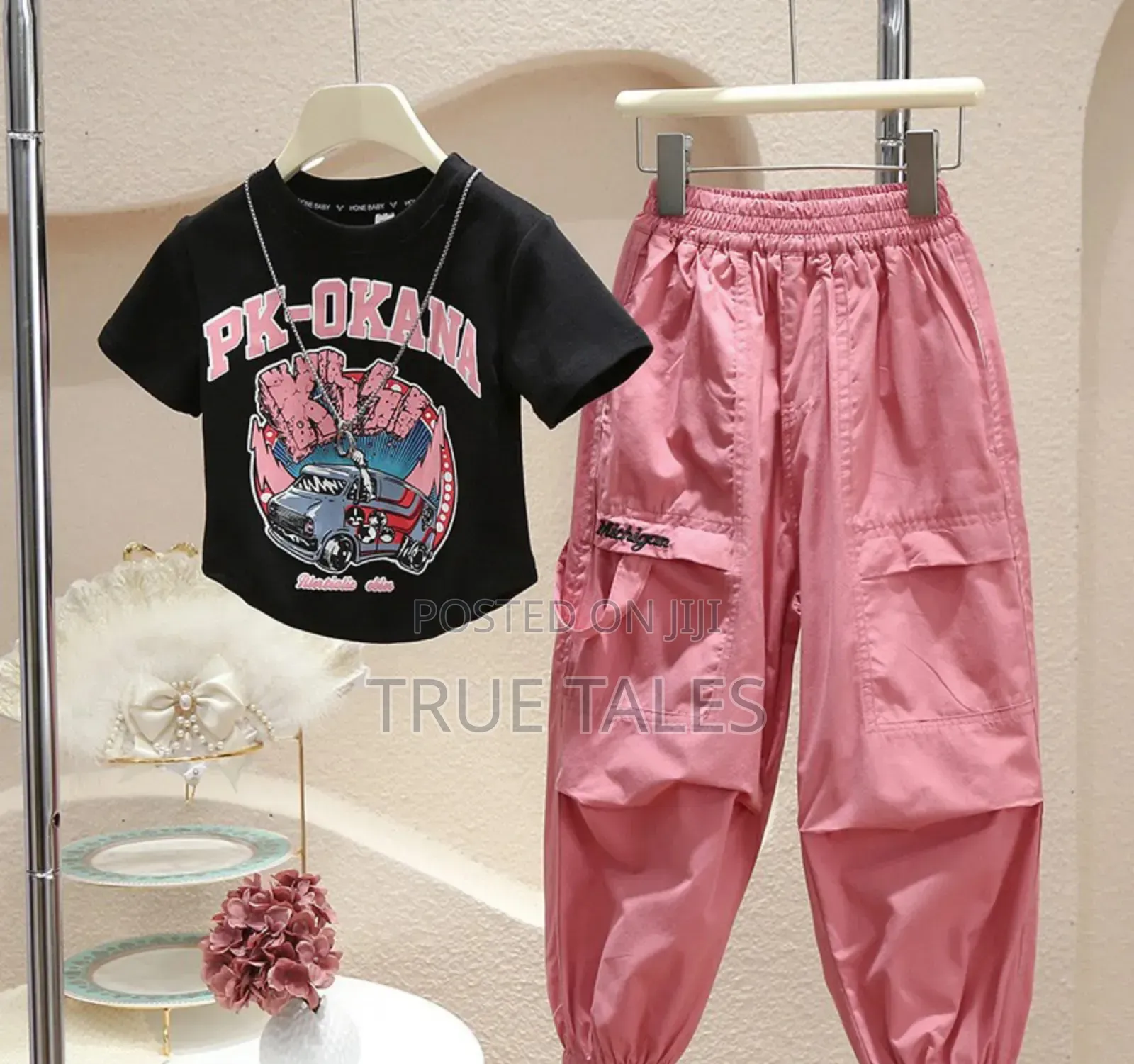 Girl's Black Top And Pink Cargo Joggers Set Ages 6to14 Years