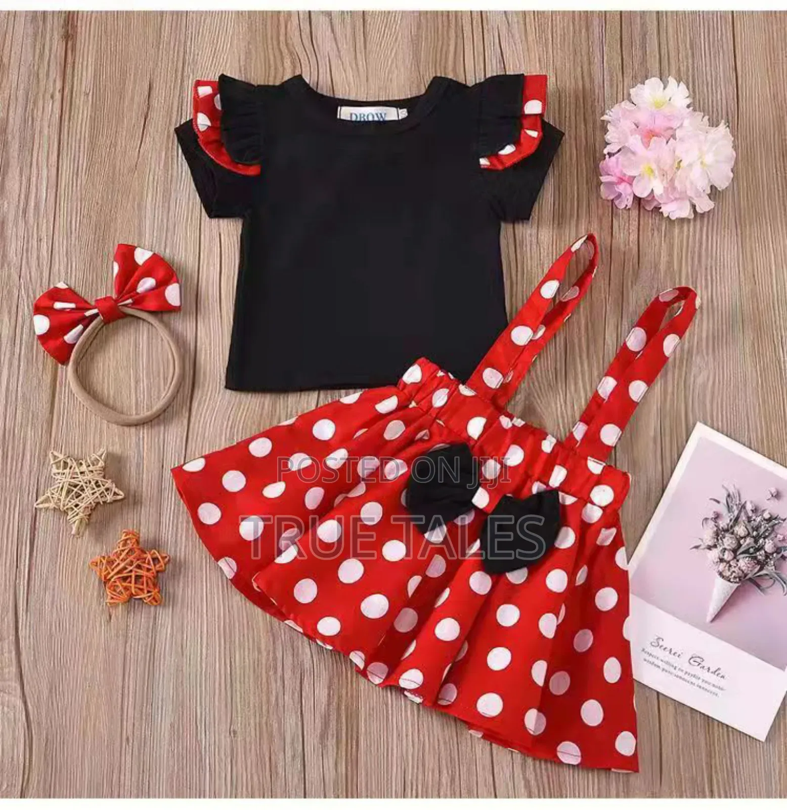 Toddler Girls Polka Dot 3 In 1 Top, Pinafore Hairband Set