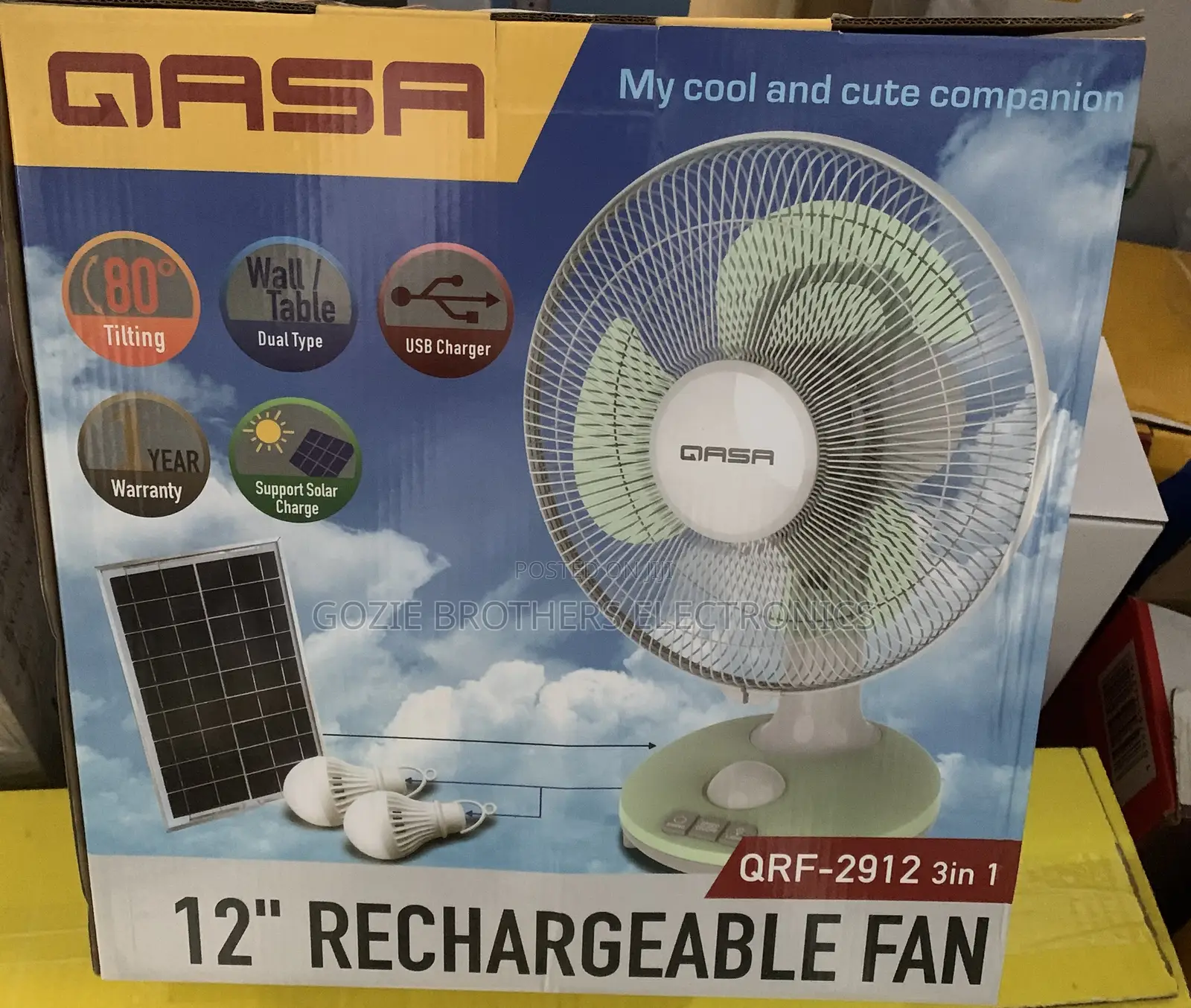 QASA 12 Inches Rechargeable Table Fan With Solar Panel