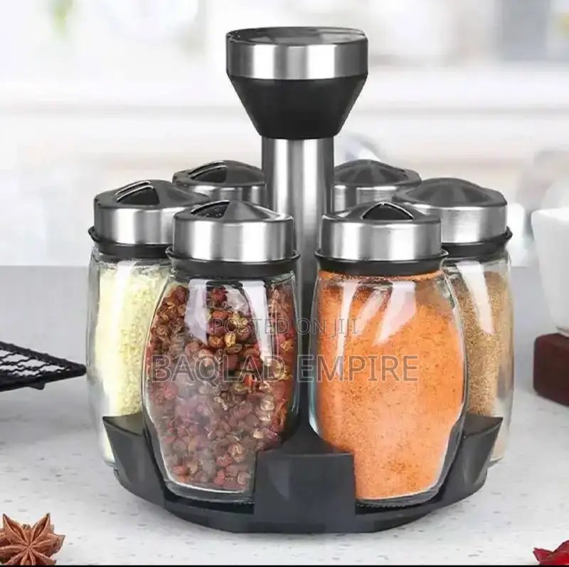 7pcs Spice Jar Set Rack Glass Organizer Rotating Glass Seaso