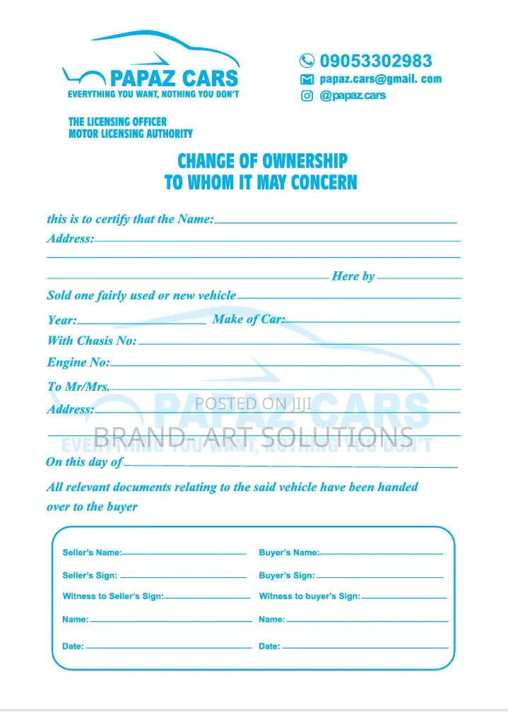 Sales Receipt, P, Authority to Sell, Change of Ownership