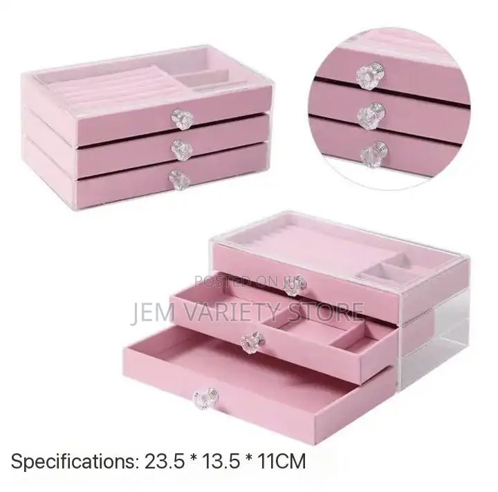 Flannelette 3-Drawer Acryic Jewelry Box Organizer (Pink)
