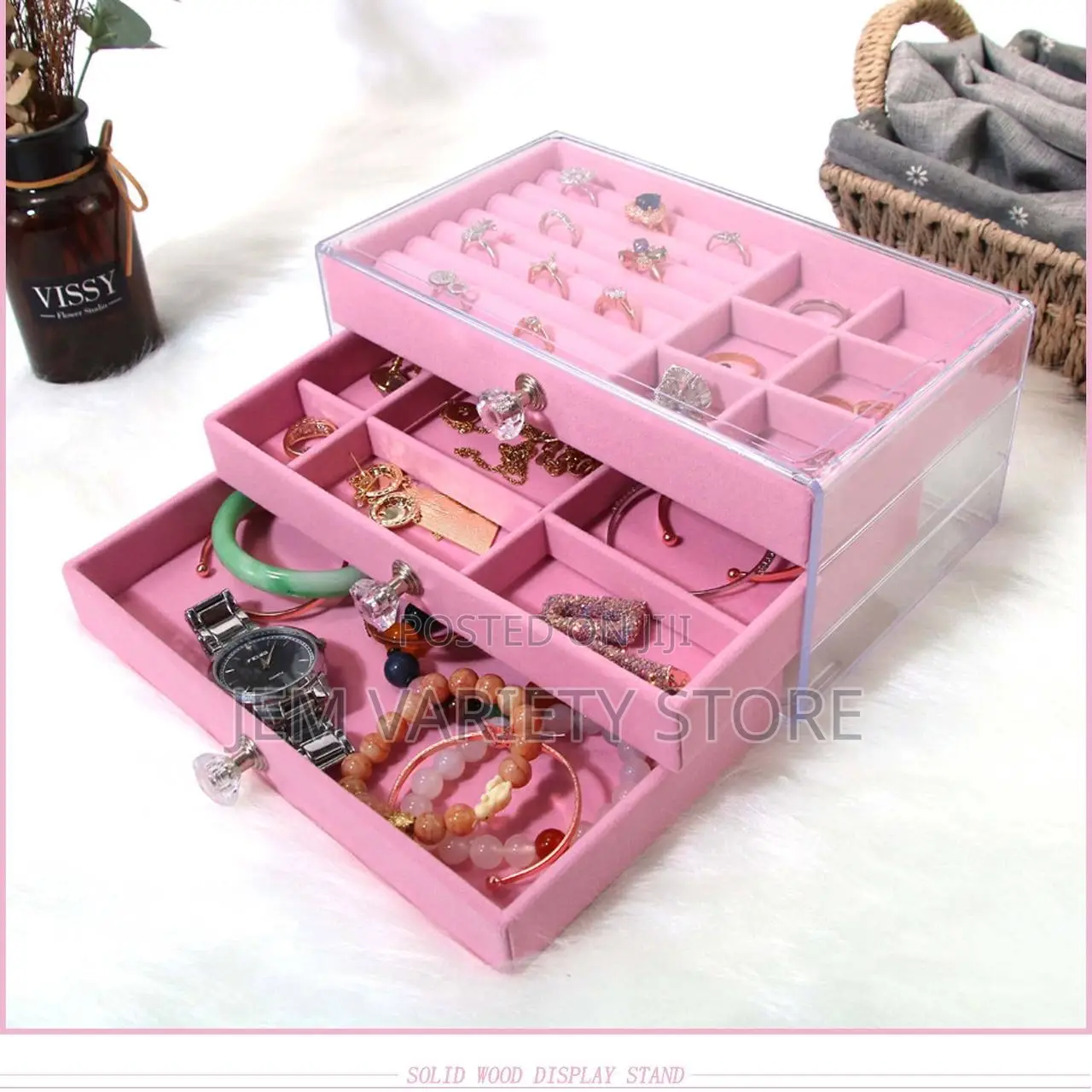 Flannelette 3-Drawer Acryic Jewelry Box Organizer (Pink)