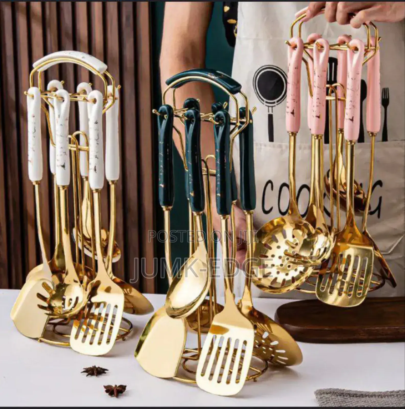 6pcs Stainless Cooking Utensils With Plain Golden Hanger