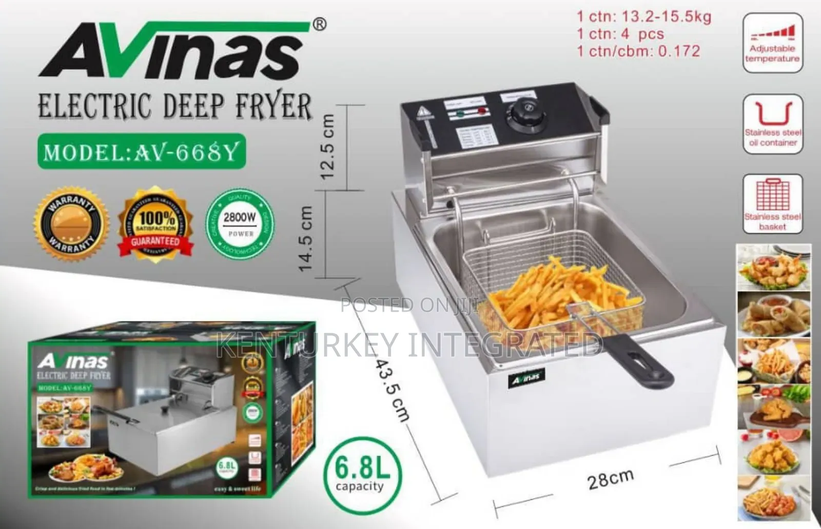 Avinas Electric Deep Fryer 6.8L Capacity 2800watts