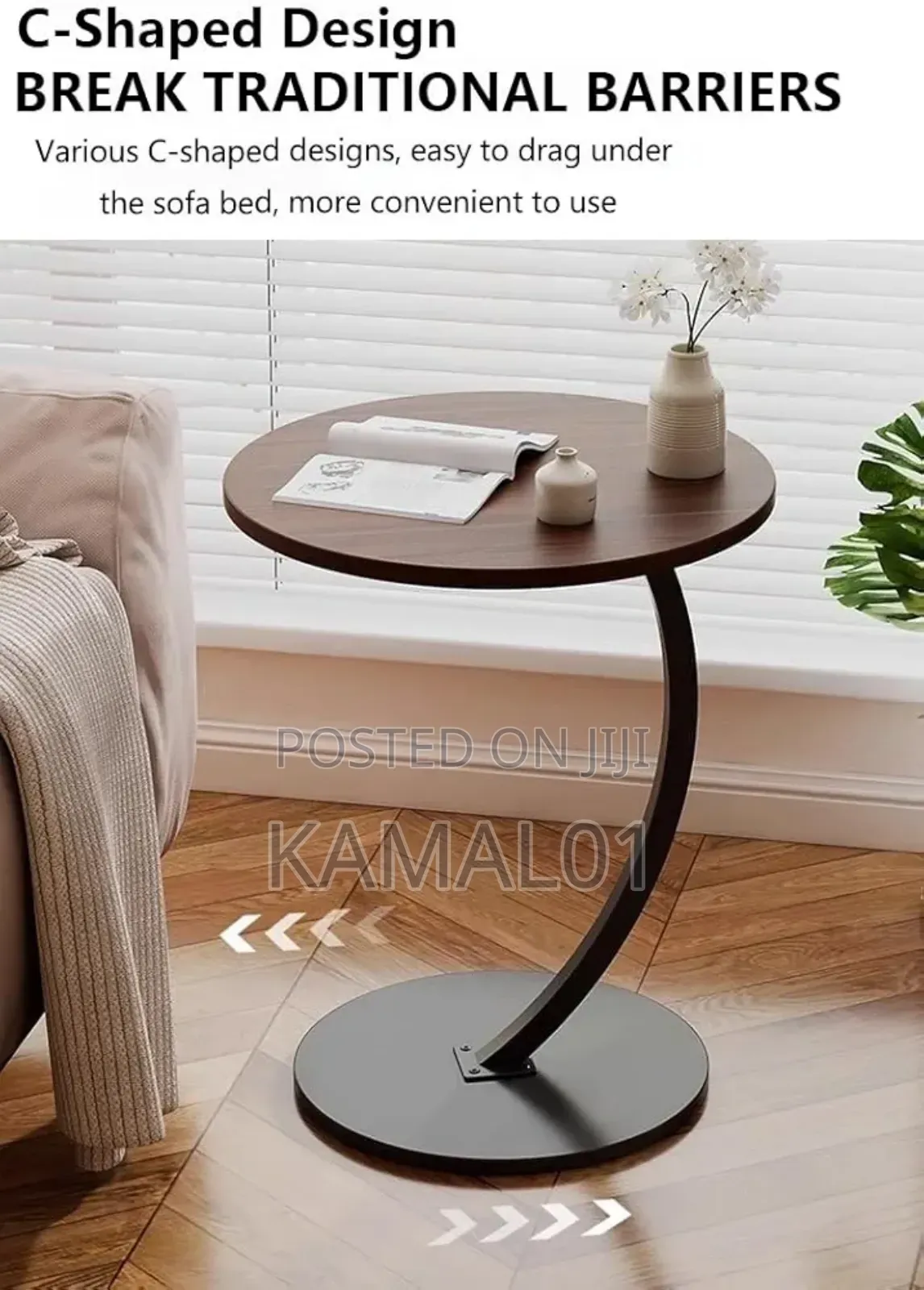 Modern Round Wood Metal C- Side Table