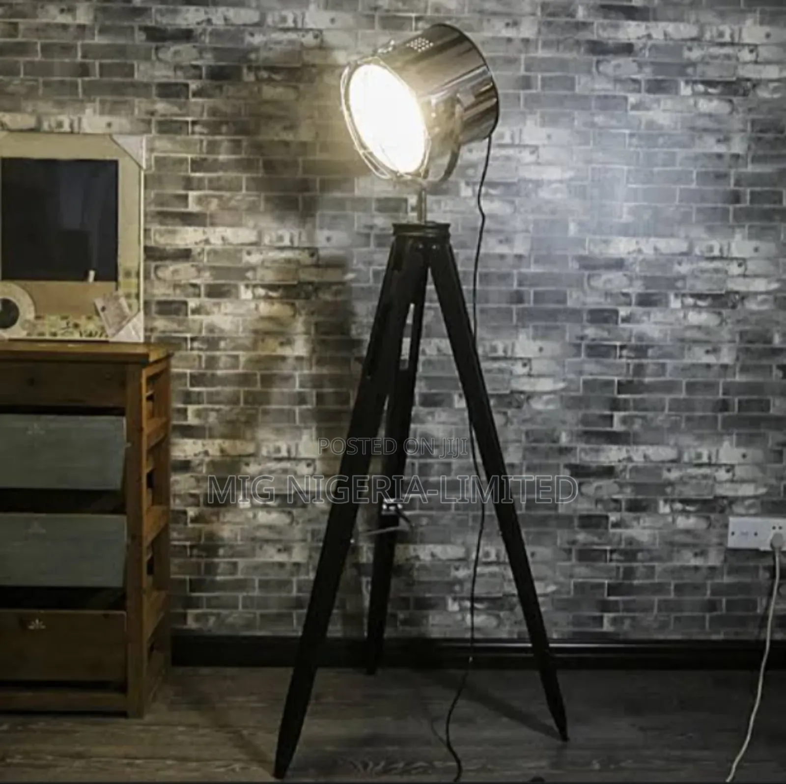 Industrial Tripod Wooden Floor Lamp Brass Rotation Adjustable