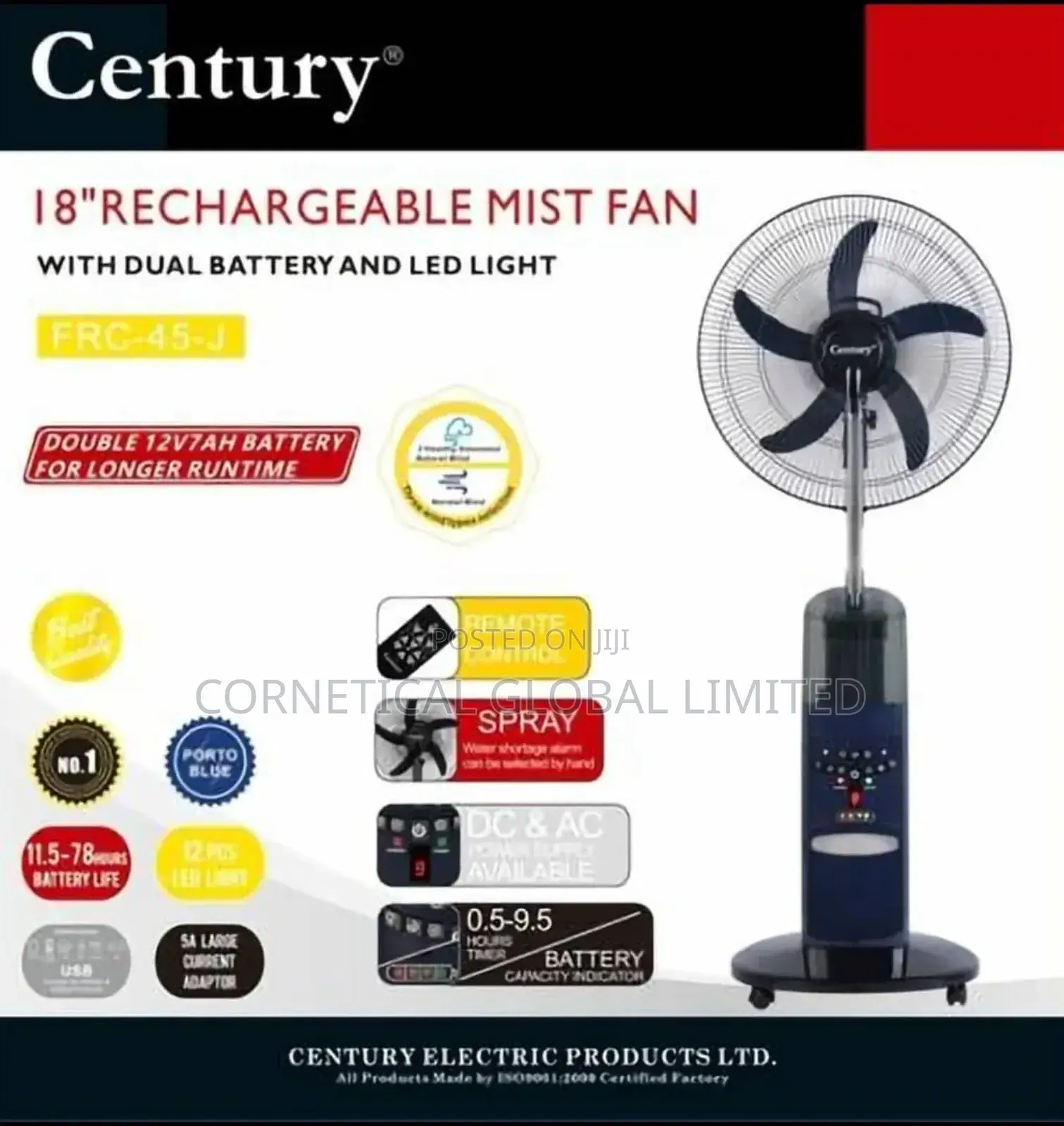 Century 18" Rechargeable Mist Fan With Led and Dual Battery