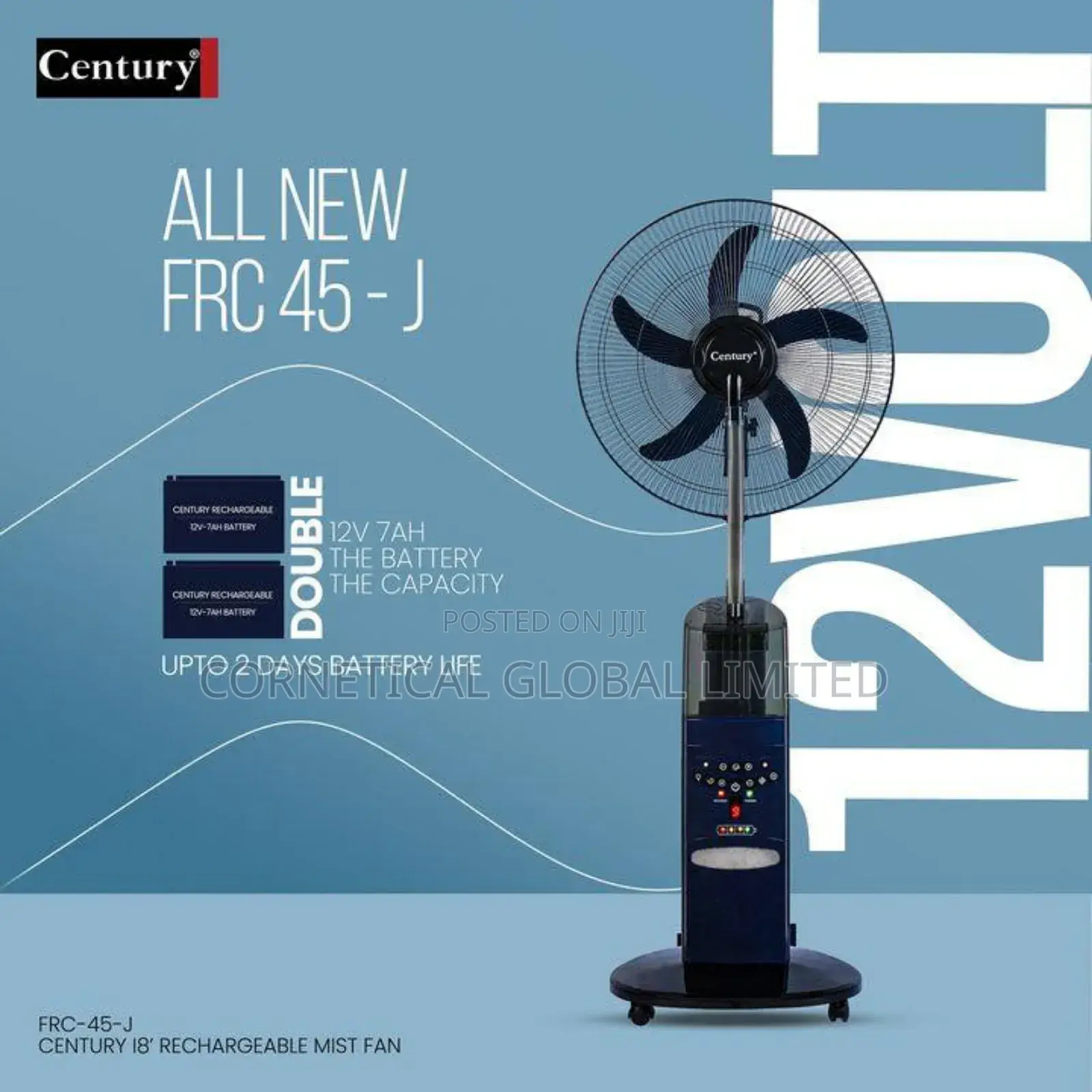 Century 18" Rechargeable Mist Fan With Led and Dual Battery