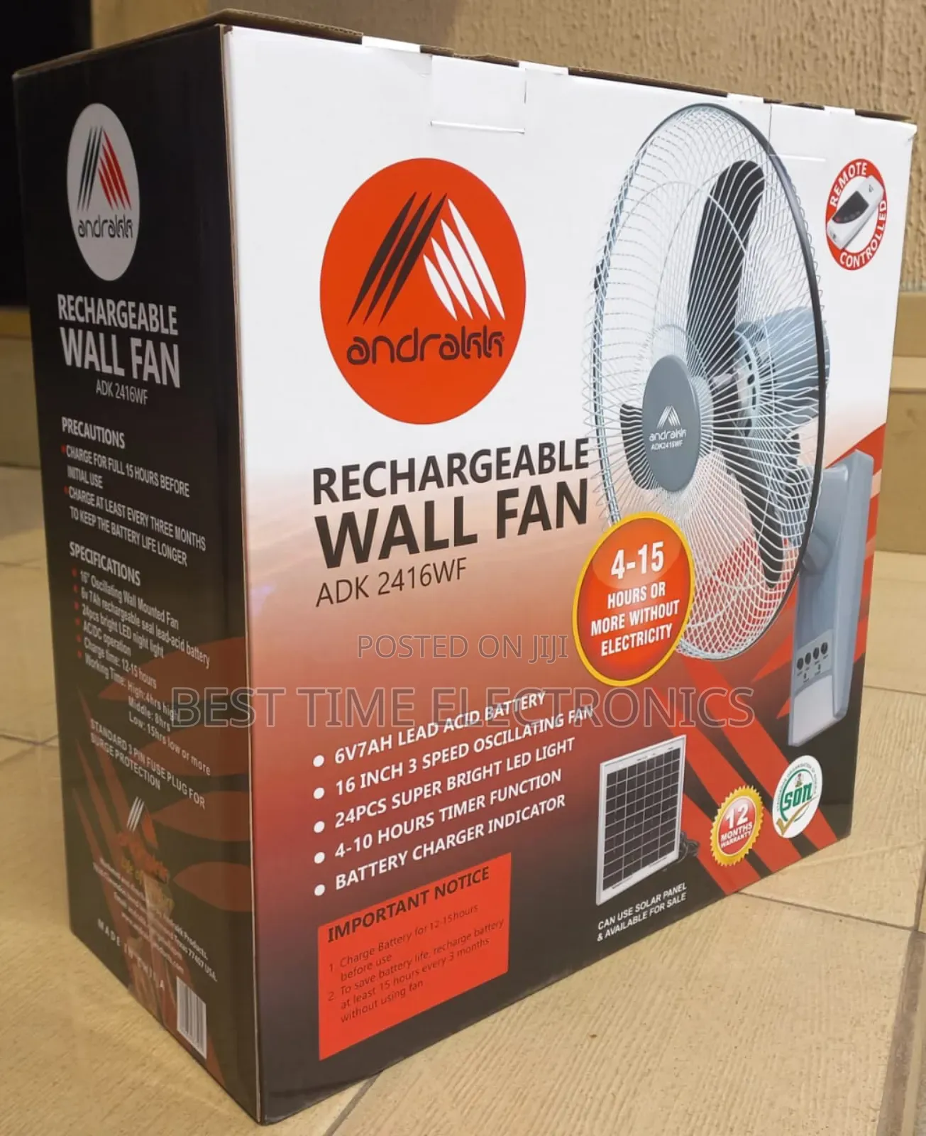 Andrakk Rechargeable Wall Fan [Adk2416]