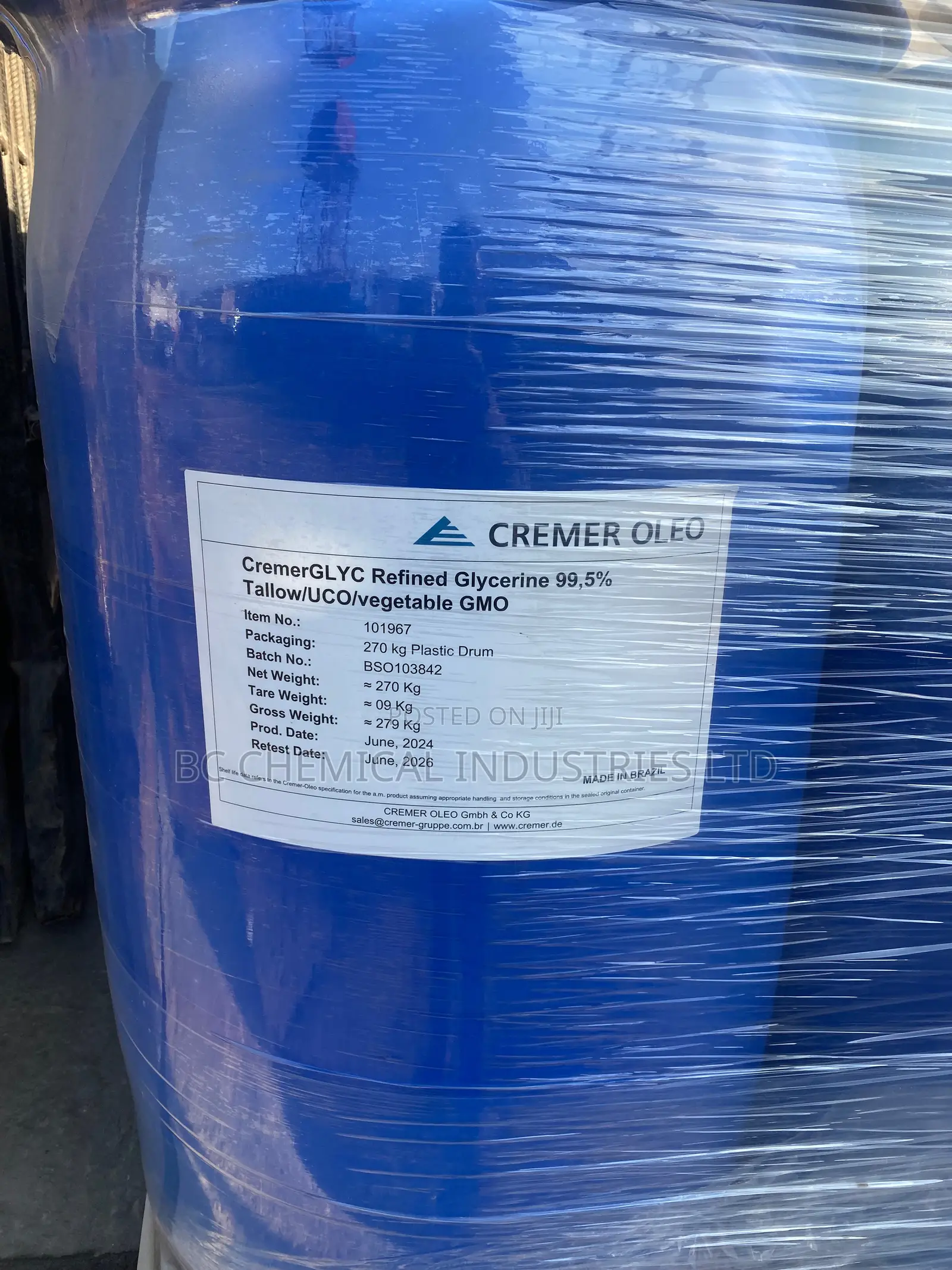 Refined Glycerine,99.5%,270kgs Drums