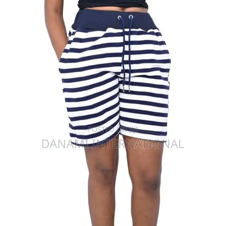 Danami Ribbed Waist Women White Navy Blue Striped Shorts