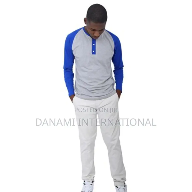 Danami Henley Long Sleeve T Shirt- Light Grey/Royal Blue