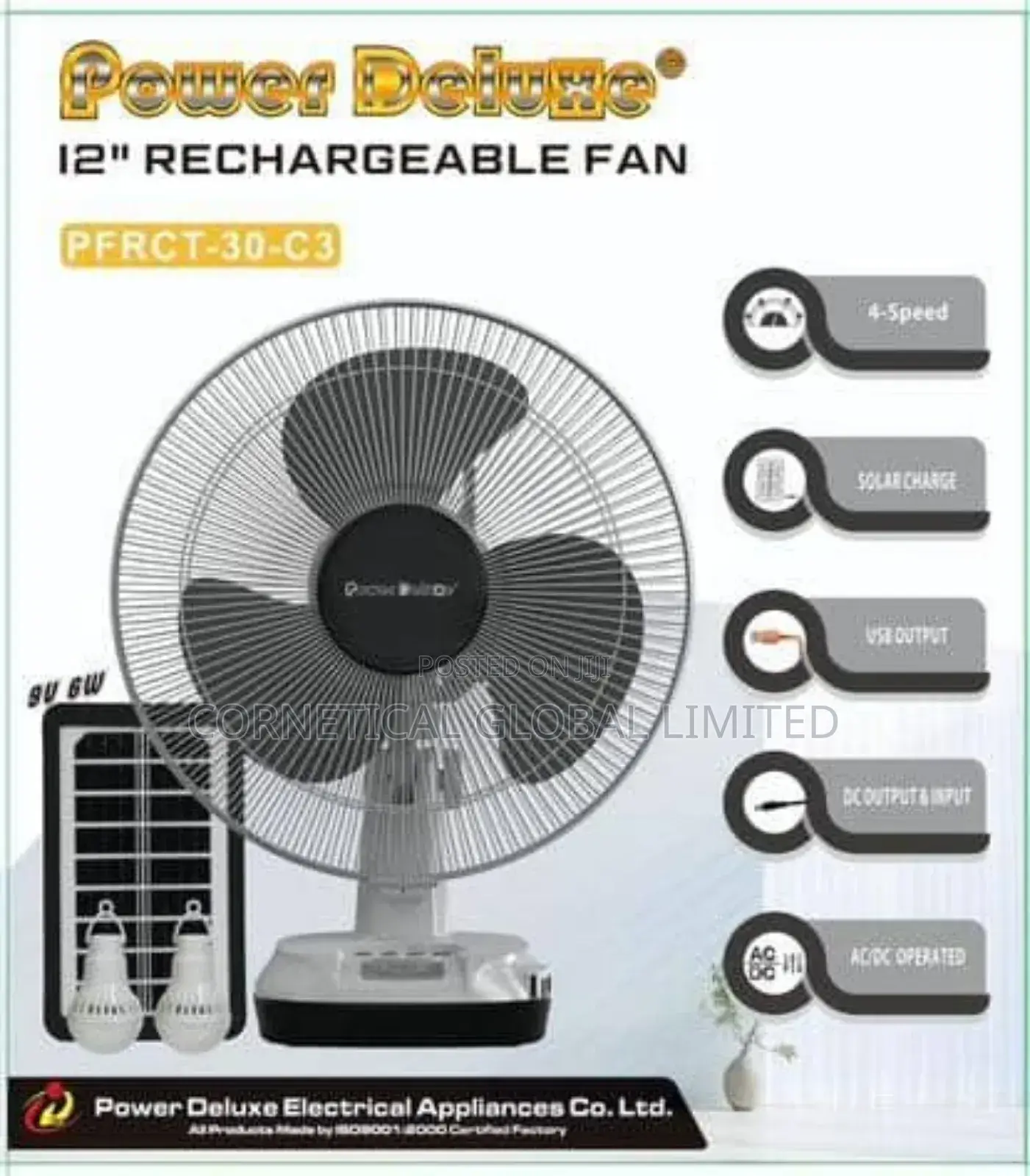 Power Deluxe 12" Rechargeable Table Fan With LED Light