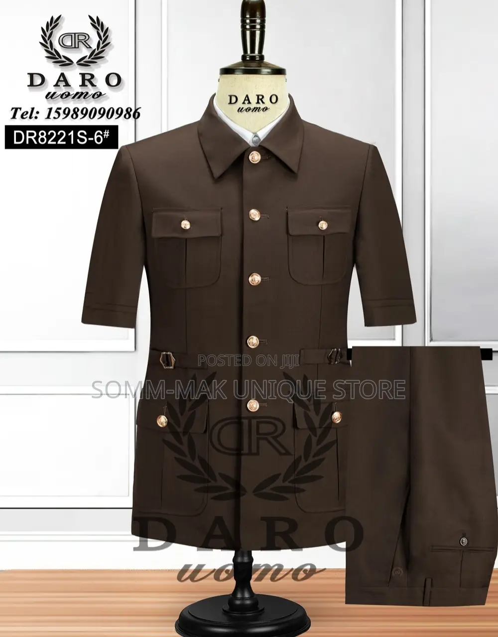 2 in 1 Bishop Neck Short Sleeve Safari Suit - Black