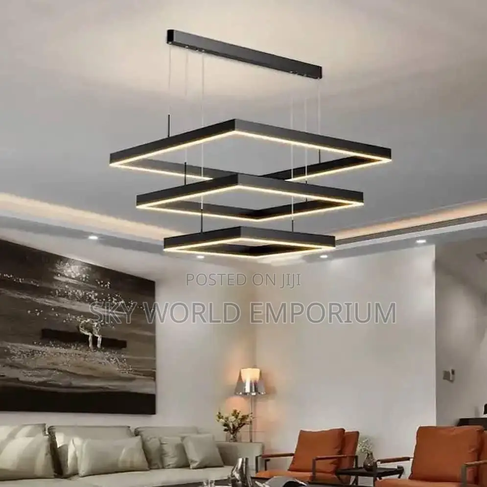 Modern Led Living Room Chandelier Black Square Design