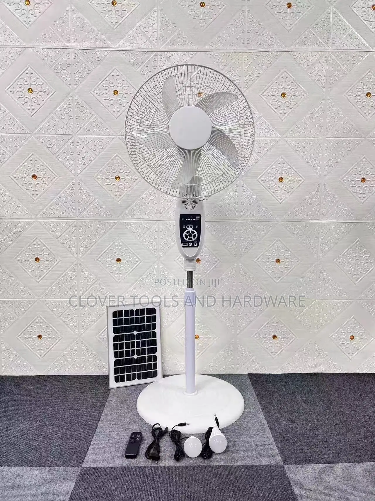 16” Solar Rechargeable Standing Fan+Led Lights+Usb Jack+Bulb
