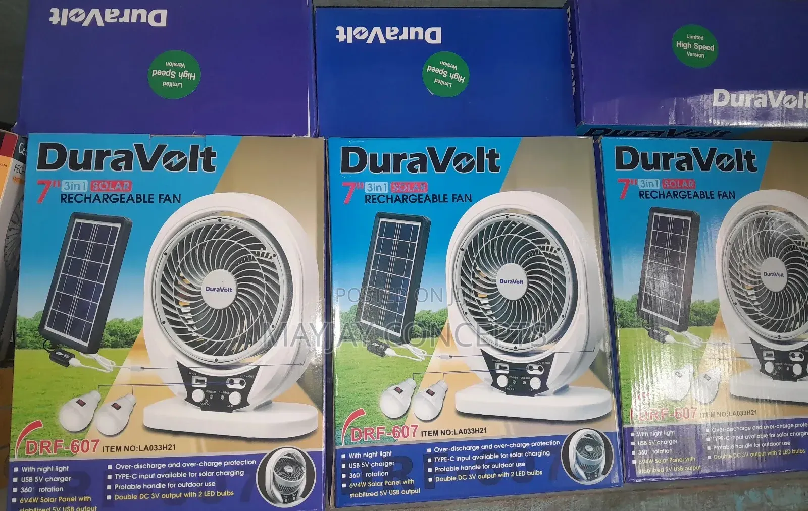 7" 3-in-1 Duravolt Solar Rechargeable Table Fan