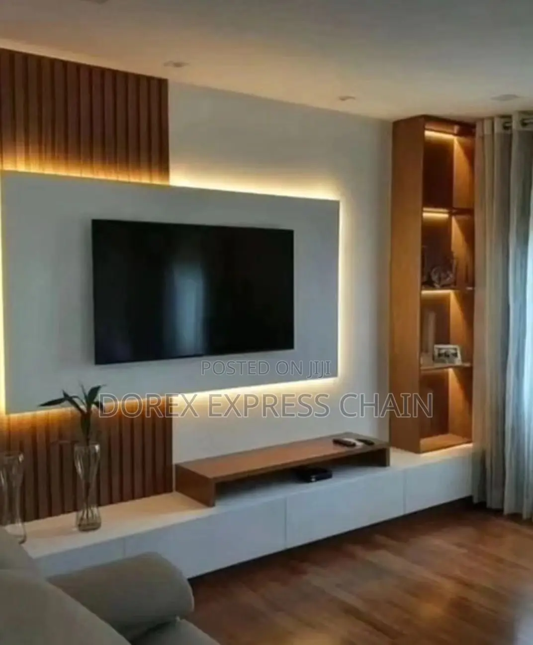 Wall-to-Wall TV Console With Open and Closed Storage