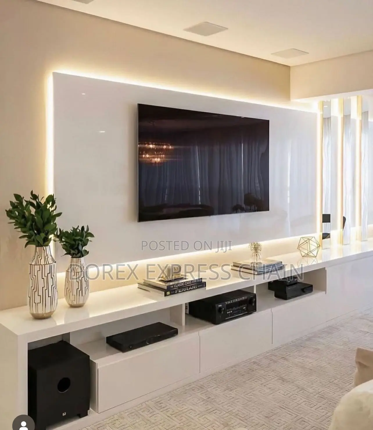 White Wide Floating TV Console With Media Compartments