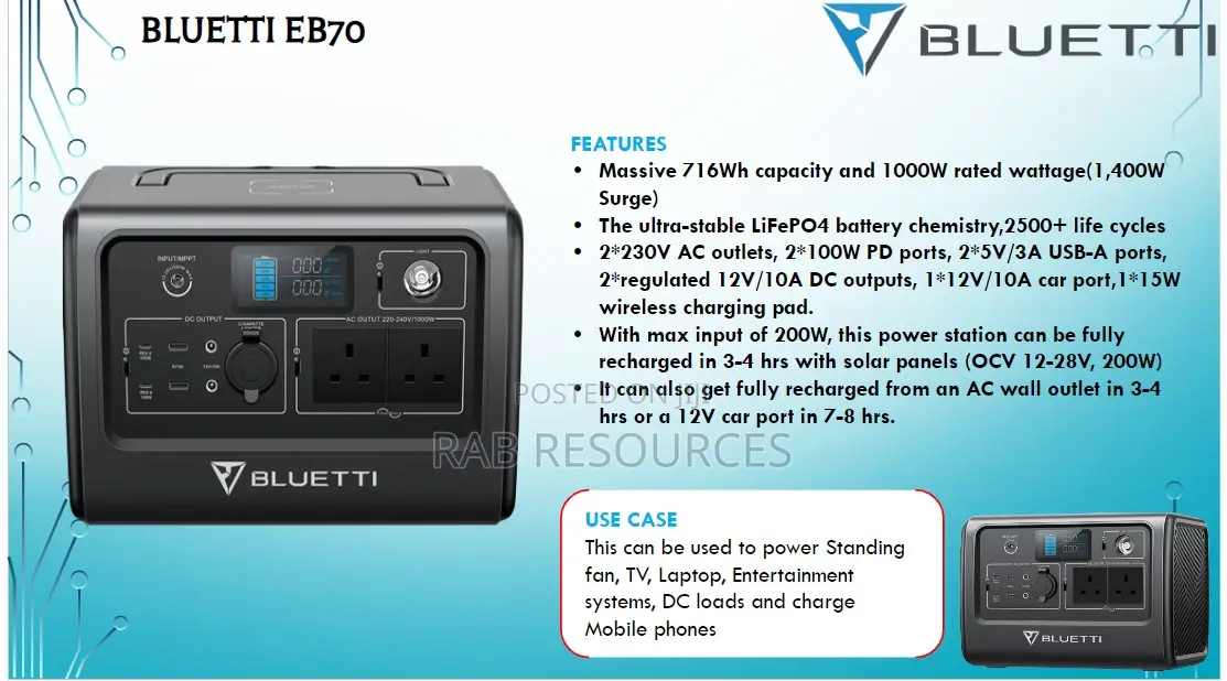 BLUETTI EB70 Solar Generator Power Station | 1000W 716wh