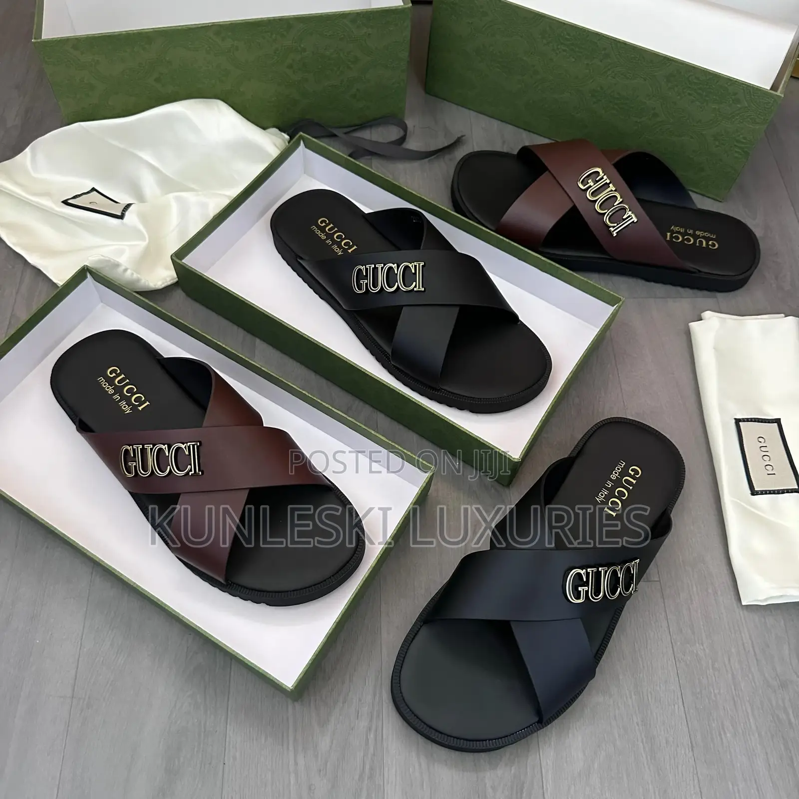 Original Gucci Cross Leather Slippers for Men