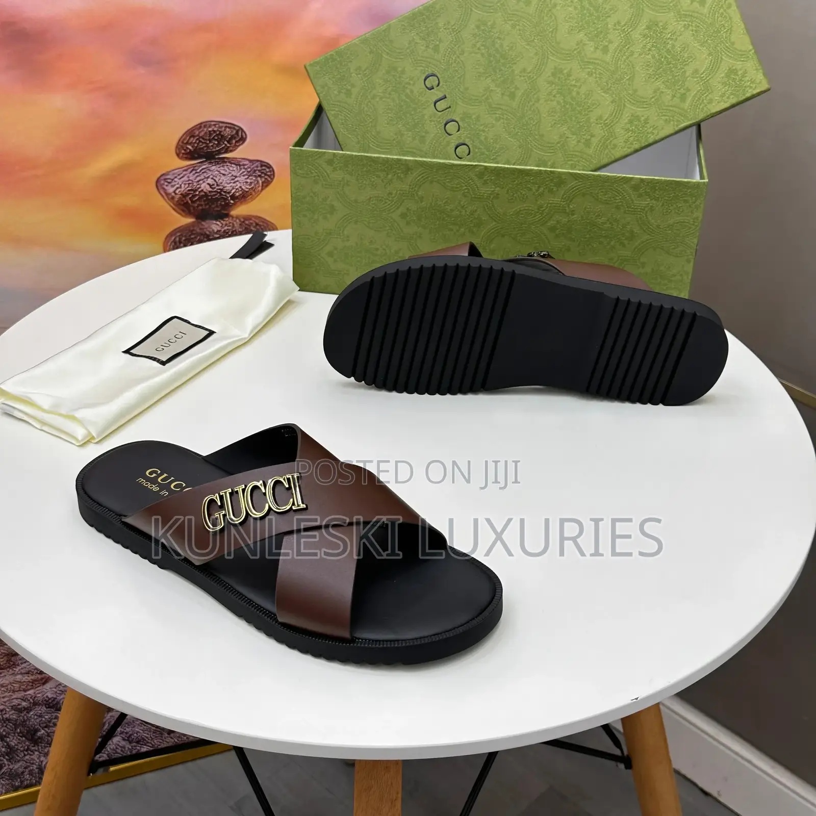 Original Gucci Cross Leather Slippers for Men