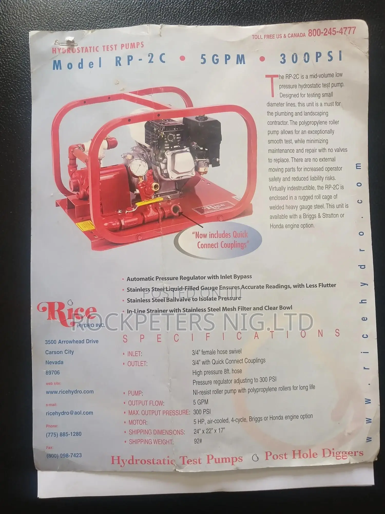 Rice Hydro Rp-2c 5.5hp,300psi Hydrostatic Test Pumps