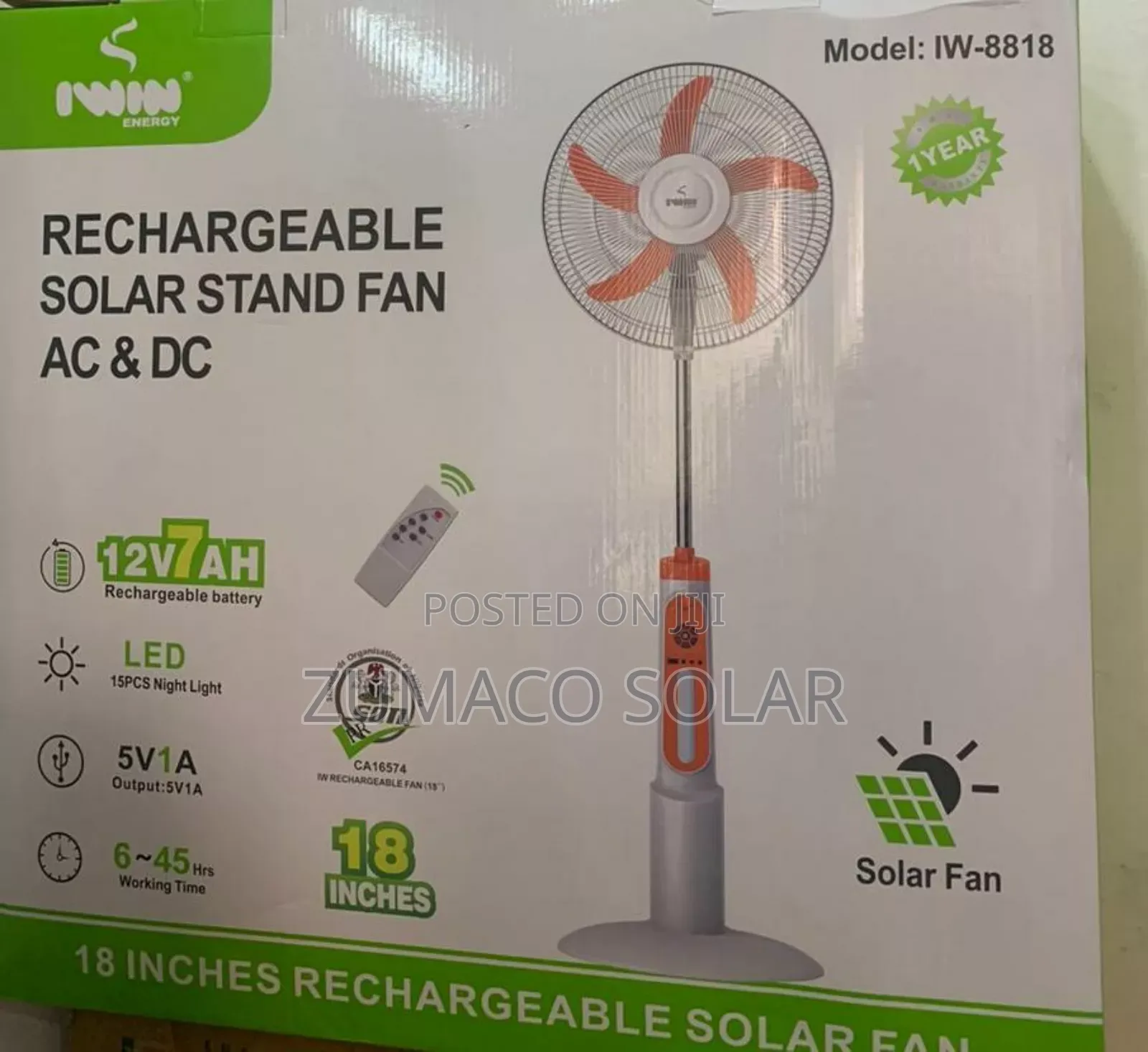 Original Iwin Rechargeable Solar Standing Fan AC/FC
