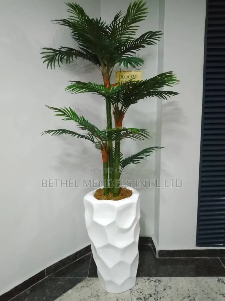 Rock Fiberglass Pot/Vase With Artificial Four Stems Palm