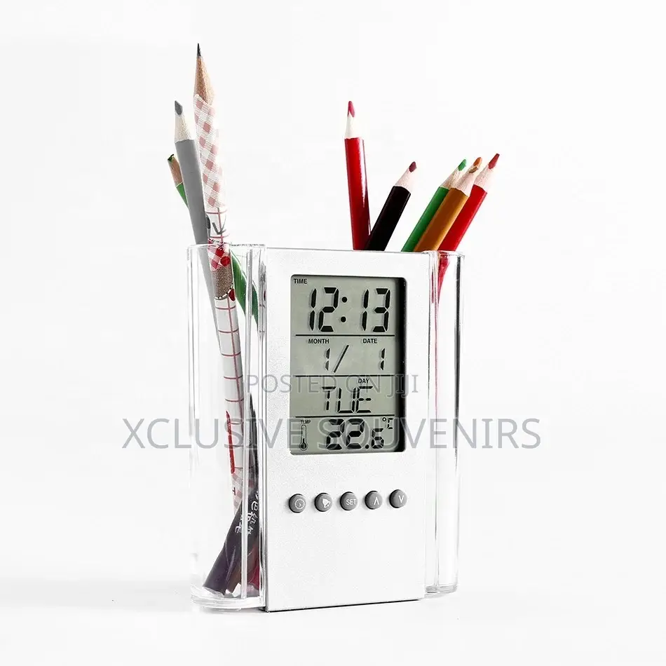 Office Stationary Digital Calendar Desk Clock Pen Holder