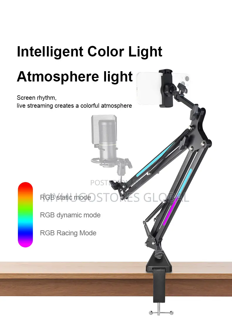 Mic Boom Arm With RGB, Microphone Arm With Desk Mount Clamp