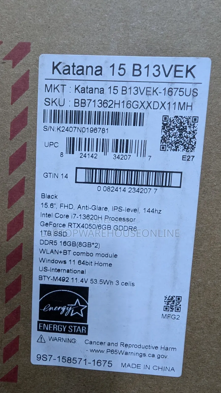 New Laptop MSI Katana 15 16GB Intel Core I7 SSD 1T
